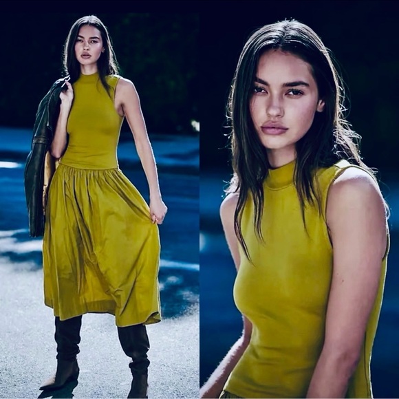 Free People Free-est Lime Green Pepita Midi Pockets Dress Size Medium New - Picture 1 of 7